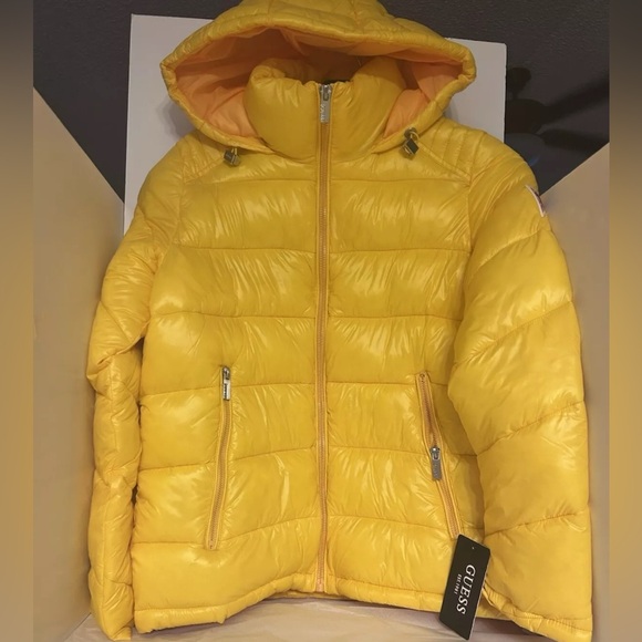 Guess Jackets & Blazers - Guess Hooded Puffer Yellow Women’s Puffer Coat Size XS NWT